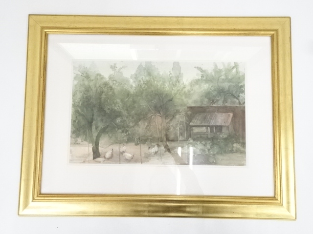 JAPANESE FRAMED WATERCOLOR PAINTING / HAND-PAINTED / CHICKENS